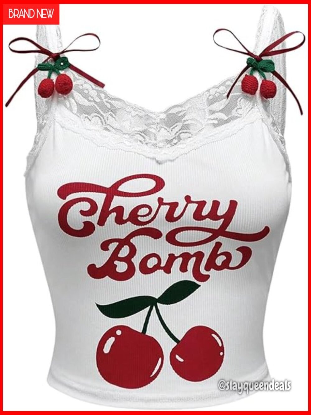 Women's Lace Trim Cherry Print Spaghetti Strap Crop Cami Tank Top